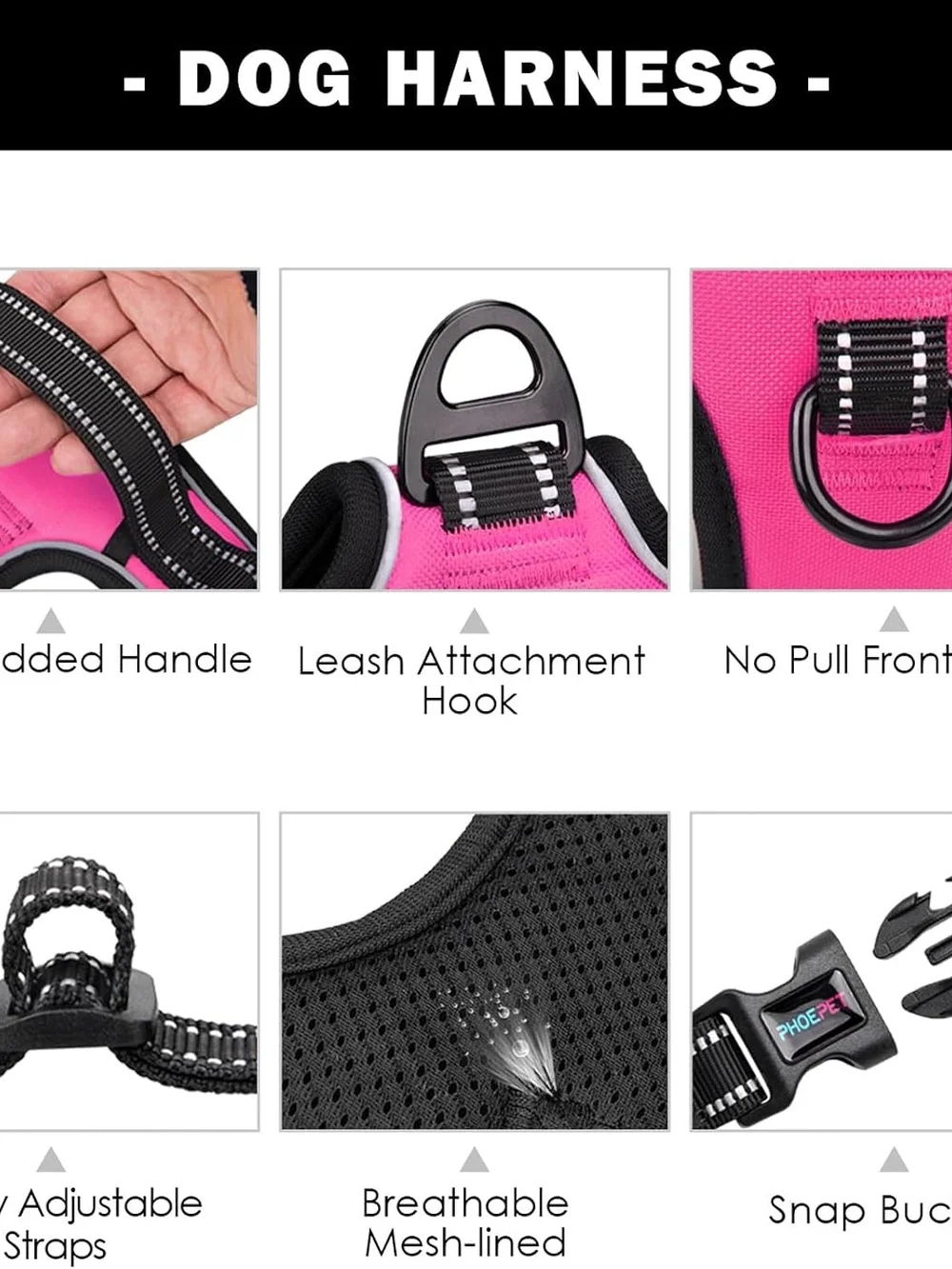 Phoepet No Pull Dog Harness Medium Reflective Vest Front Clip Handle Pink